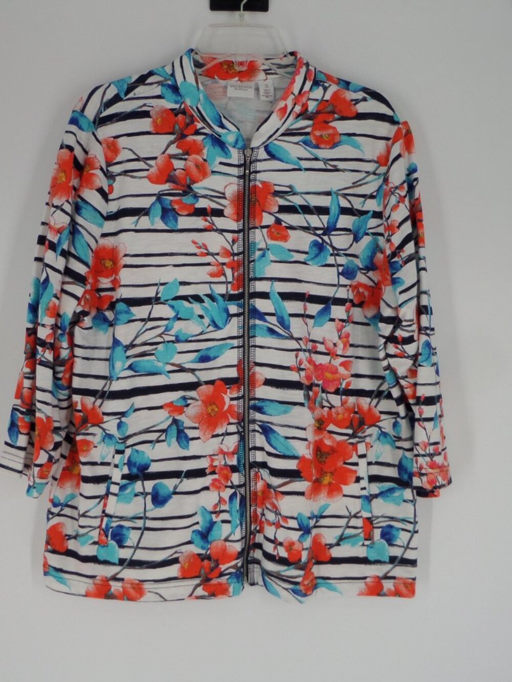 Weekends By Chico's Woman's 3/4 Sleeve Jacket Multi Color Floral Size 3 US16